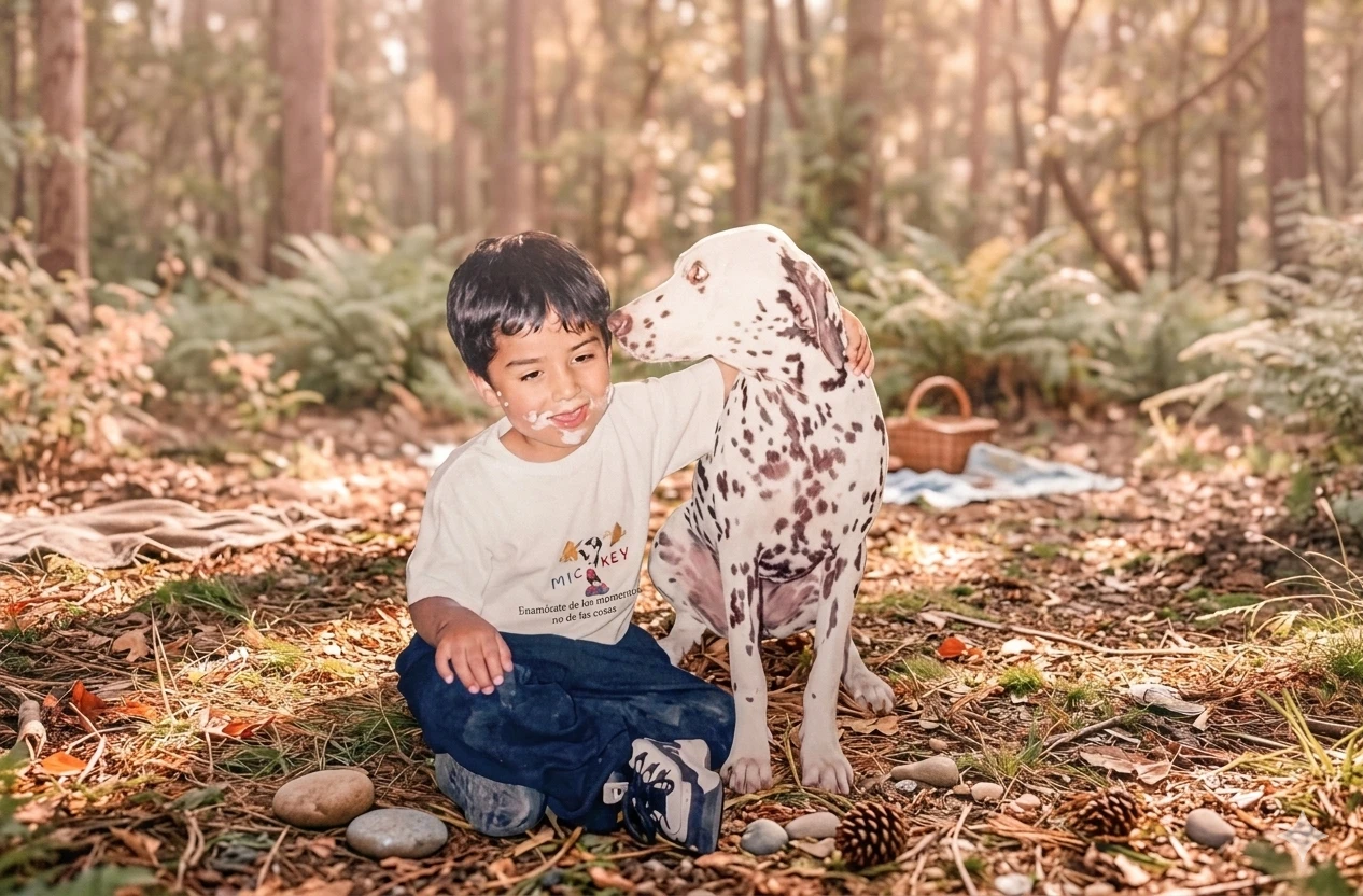 A childhood photo of Nico as a young boy sitting on a sunlit forest floor with his arm resting along the back of a Dalmatian, a woven picnic basket behind them