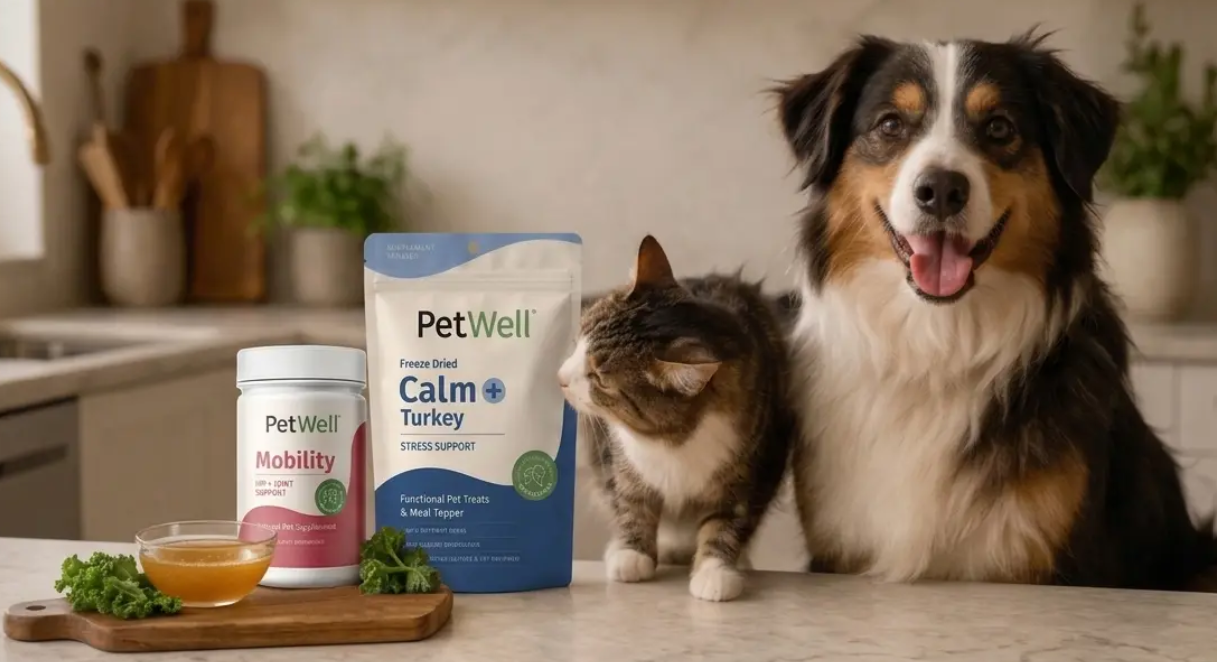A tricolour dog and a tabby cat beside Pet Well Mobility supplements and Calm Turkey treats on a kitchen counter.