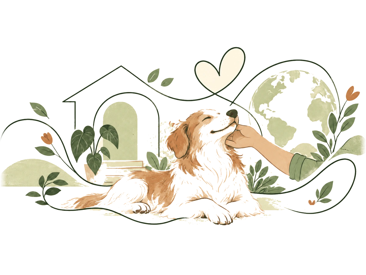 Illustration in the Pawps line style: a fluffy white and tan dog lying down with closed, content eyes while a hand in a green sleeve strokes its chin; a small house with an arched doorway on the left, a globe on the right, and a leafy vine forming a heart above.